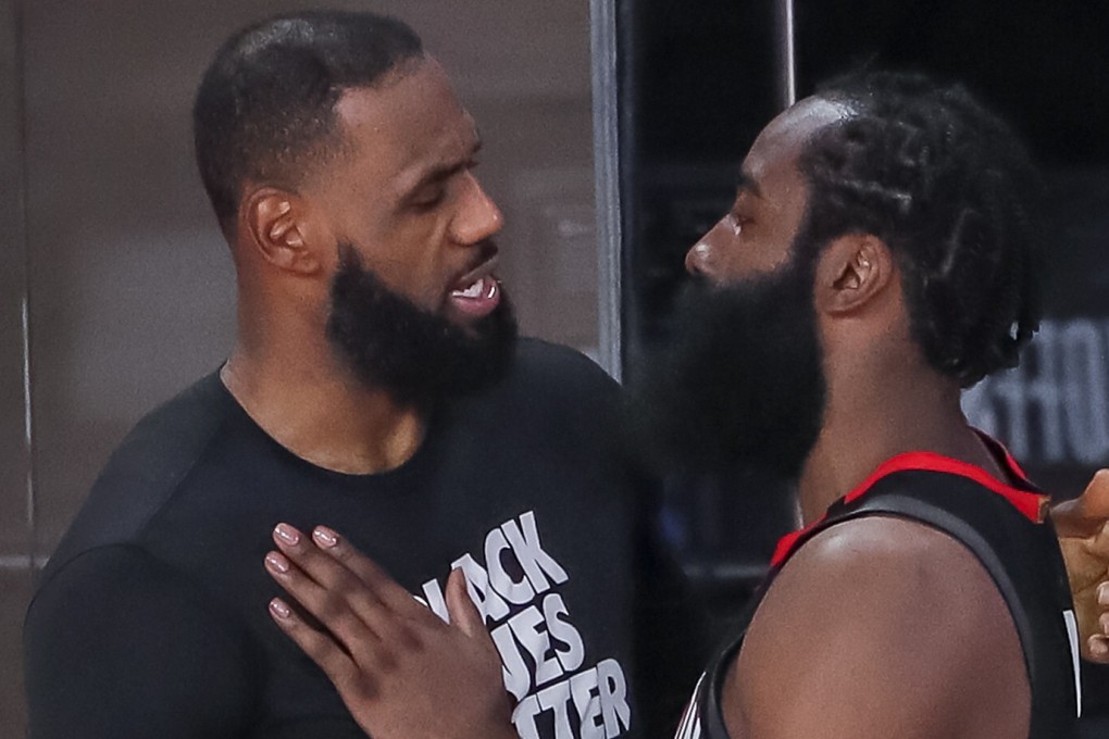 Los Angeles Lakers forward LeBron James greets Houston Rockets guard James Harden after the teams met in the 2019-20 NBA play-offs. Both teams are among the most popular in China, according to a new report. Photo: EPA