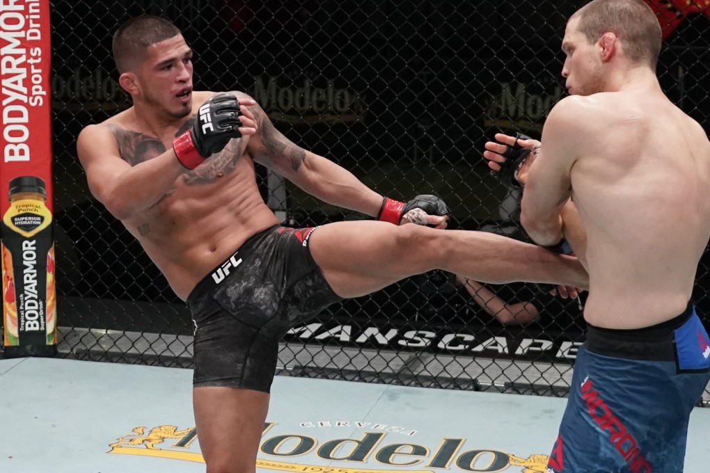Anthony Pettis kicks Alex Morono in a lightweight fight at UFC Fight Night in Las Vegas in December. Photo: Cooper Neill/Zuffa LLC
