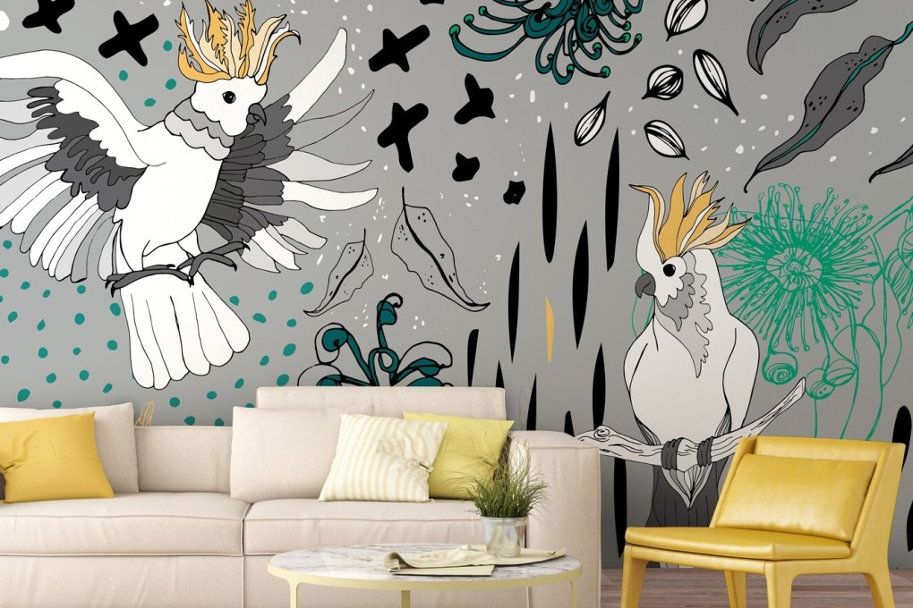 Soul Birds cockatoo mural by Yani Mengoni. Pantone has picked yellow with grey as the trendsetting colour direction for the year ahead. Interior design experts have their doubts. Photo: Wallsauce.com