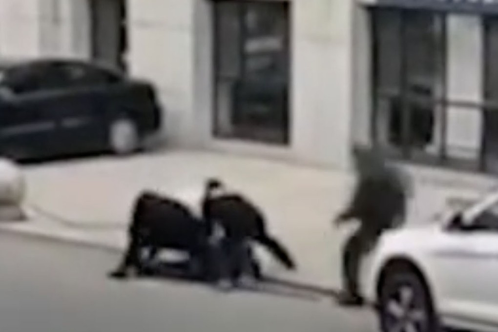 The suspect is seen being wrestled to the ground by police. Photo: Weibo