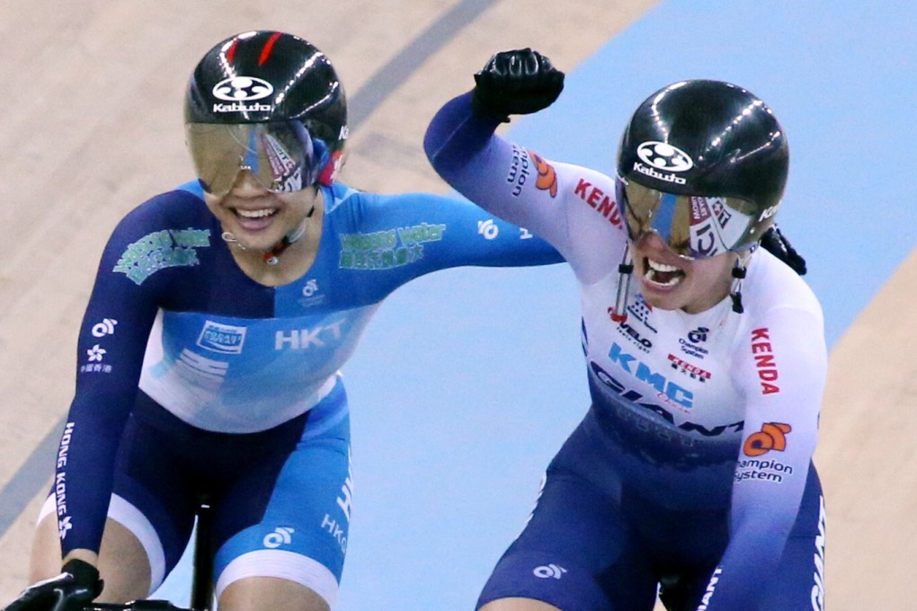 Hong Kong cyclist Jessica Lee Hoi-yan (right) with teammate Sarah Lee Wai-sze after finishing third and first at the Track Cycling World Cup keirin, respectively, in 2019. Photo: SCMP / Felix Wong