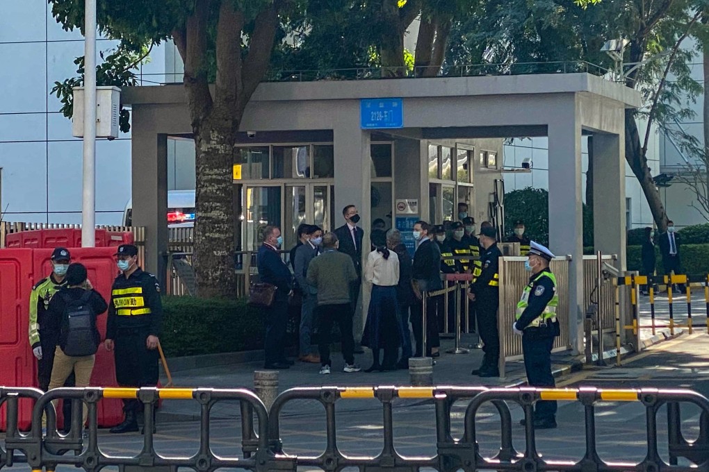 Western diplomats gather outside Yantian People’s Court in Shenzhen on Monday. Photo: Phoebe Zhang