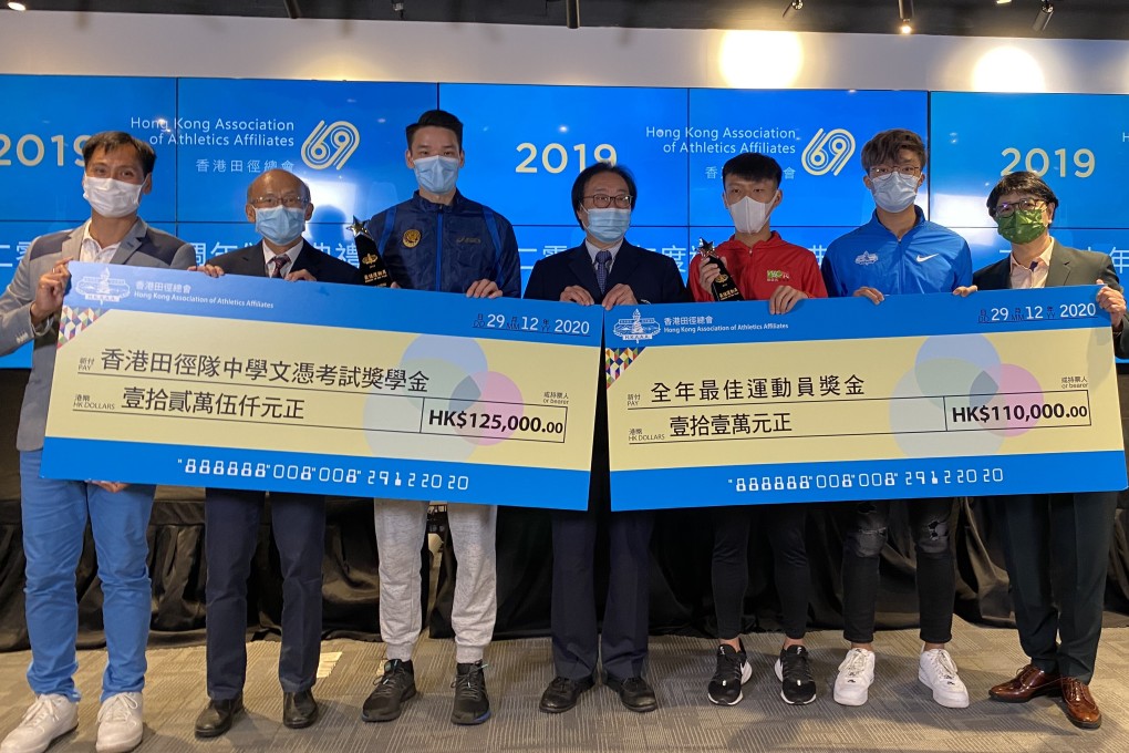 The 2019 best athletes celebrate their win at the Hong Kong Association of Athletics Affiliates awards ceremony. Photo: Chan Kin-wa