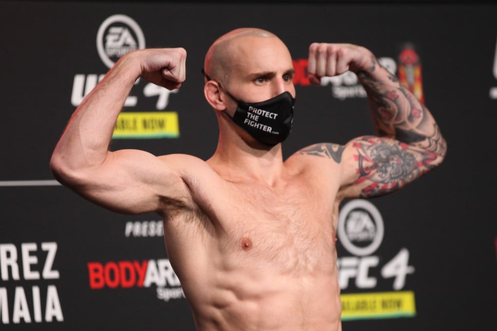 Sasha Palatnikov on the scale at the UFC 255 weigh-in in Las Vegas. Photo: Amy Kaplan