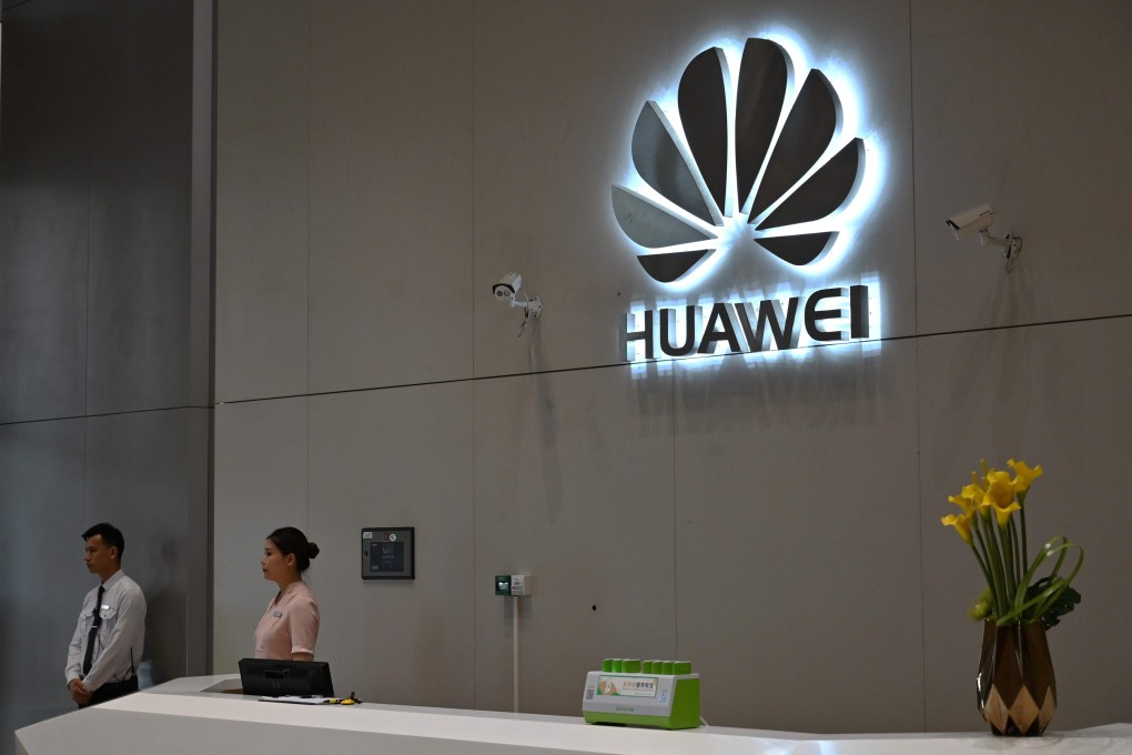 In this file photo taken on May 29, 2019 a company logo is displayed at a reception area at the Huawei headquarters in Shenzhen, Guangdong province. Photo: AFP
