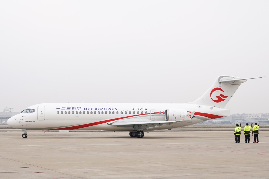 An ARJ21 jetliner owned by One Two Three Airlines (OTT Airlines) before its first flight between Shanghai and Beijing. Photo: Xinhua