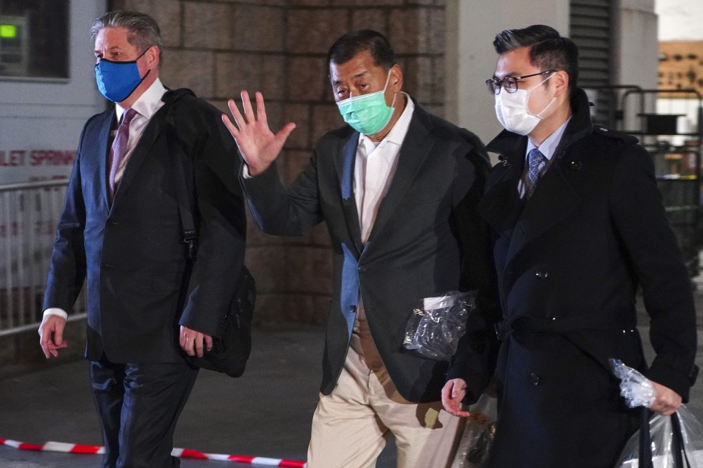 Apple Daily founder Jimmy Lai (middle) was released on HK$10 million bail on December 23. Photo: Robert Ng