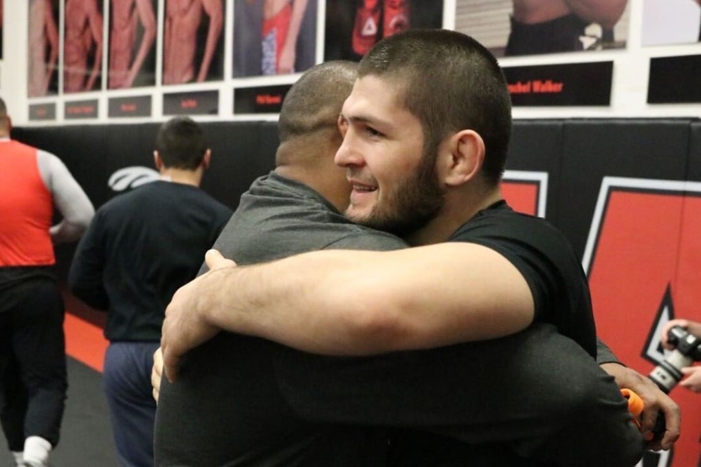 Daniel Cormier and Khabib Nurmagomedov hug during training at AKA. Photo: Instagram/Khabib Nurmagomedov