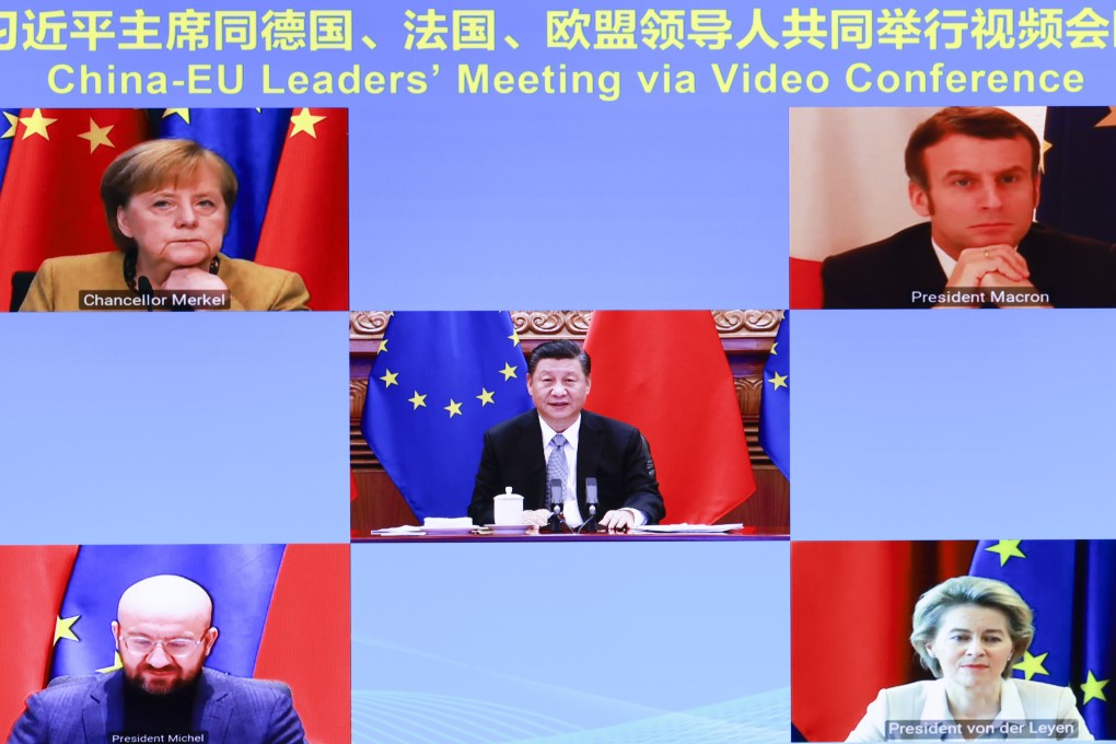 Chinese President Xi Jinping meets with German Chancellor Angela Merkel, French President Emmanuel Macron, President of the European Council Charles Michel and President of the European Commission Ursula von der Leyen via video link on Wednesday. Photo: Xinhua