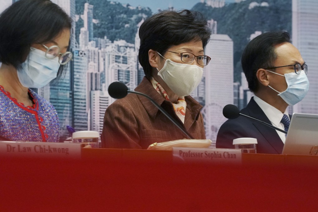 Secretary for Food and Health Sophia Chan Siu-chee, Chief Executive Carrie Lam Cheng Yuet-ngor and Secretary for the Civil Service Patrick Nip Tak-kuen. Photo: Felix Wong