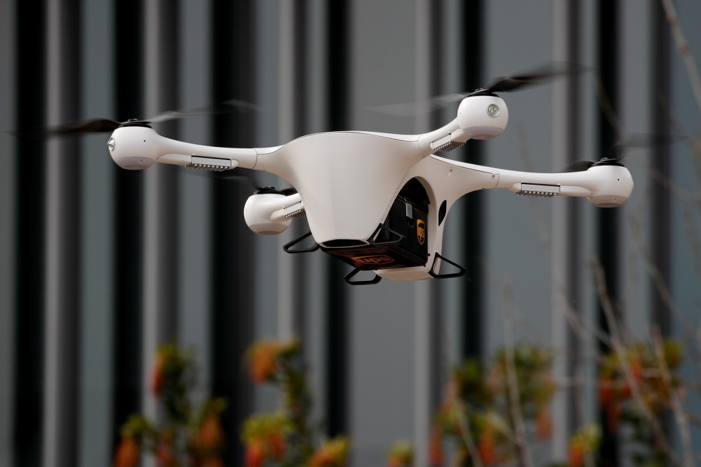 A Matternet drone and UPS container flies through the air as UC San Diego Health launches a pilot project testing the use of aerial drones to transport medical samples, supplies and documents between hospitals in California on February 27, 2020. Photo: Reuters