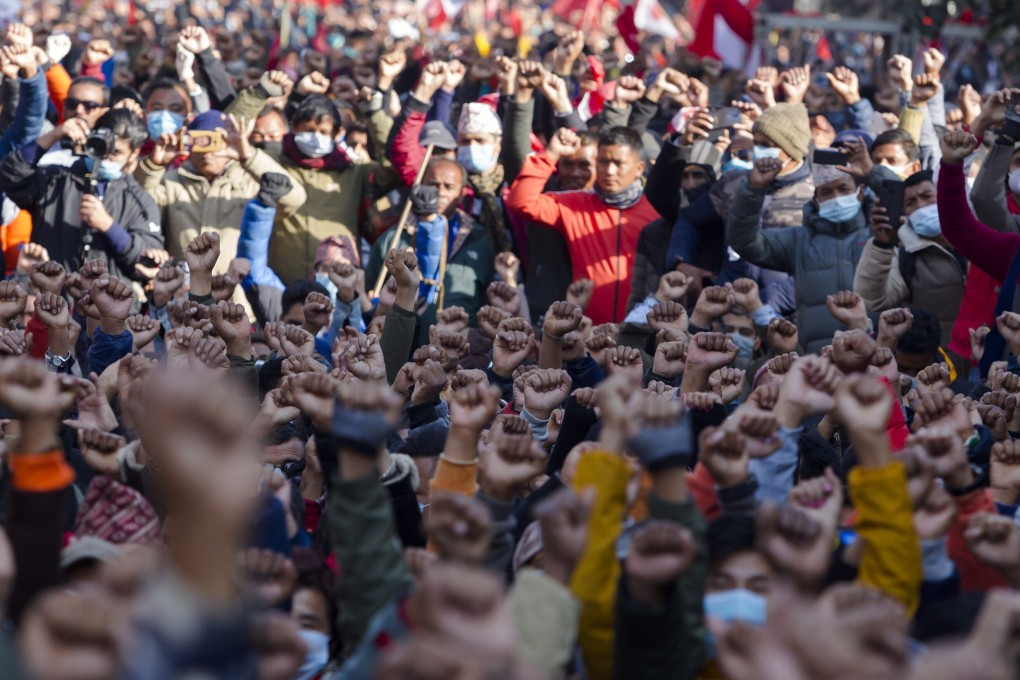 Nepalese Communist activists stage a protest in Kathmandu on Tuesday against the dissolution of parliament. Photo: EPA-EFE