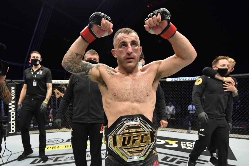 Alexander Volkanovski celebrates after his split decision victory over Max Holloway at UFC 251. Photo: Jeff Bottari/Zuffa LLC