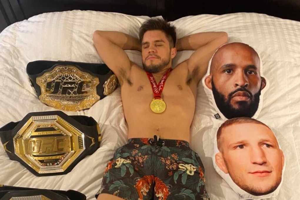 Former UFC bantamweight champion Henry Cejudo ‘sleeps’ with his belts and pillows featuring Demetrious Johnson, TJ Dillashaw and Dominick Cruz’s faces. Photo: Instagram/Henry Cejudo