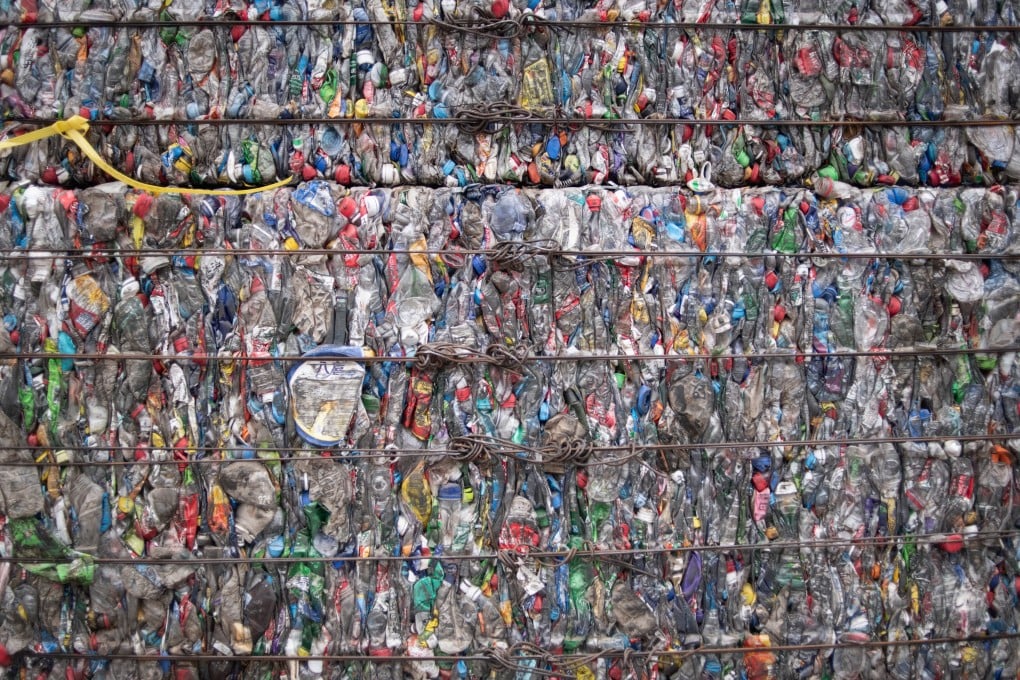A block of compressed plastic bottles at a plastic waste centre on the outskirts of Beijing on May 16, 2018. Photo: AFP
