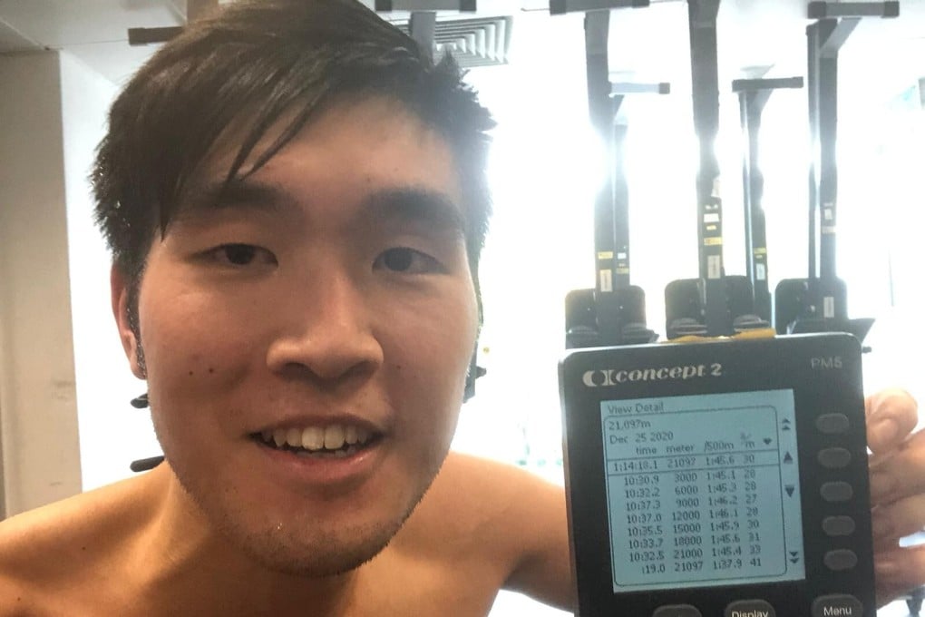 Chan Chi-fung after setting a world indoor rowing record for the half marathon. Photos: Handout