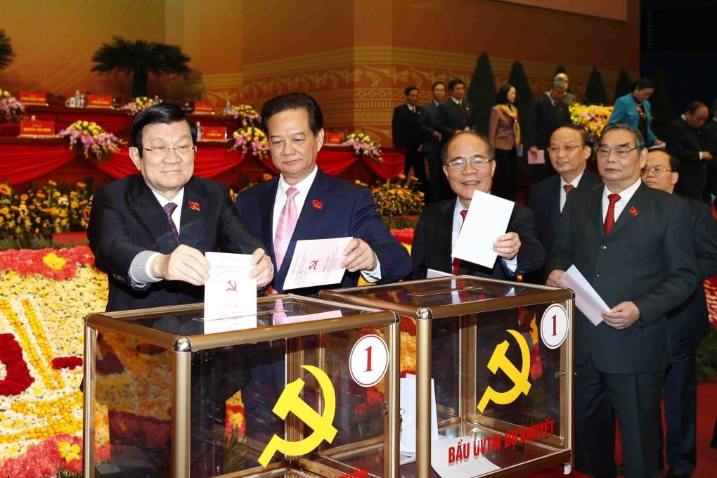 Former Vietnamese President Truong Tan Sang, Prime Minister Nguyen Tan Dung and other officials cast their their ballots at the country’s 12th National Party Congress in 2016. Photo: Xinhua/VNA