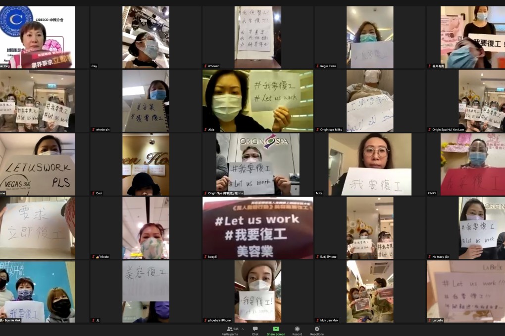 Beauty industry workers take part in an online protest against prolonged closures under the city’s social-distancing rules on Thursday. Photo: Handout
