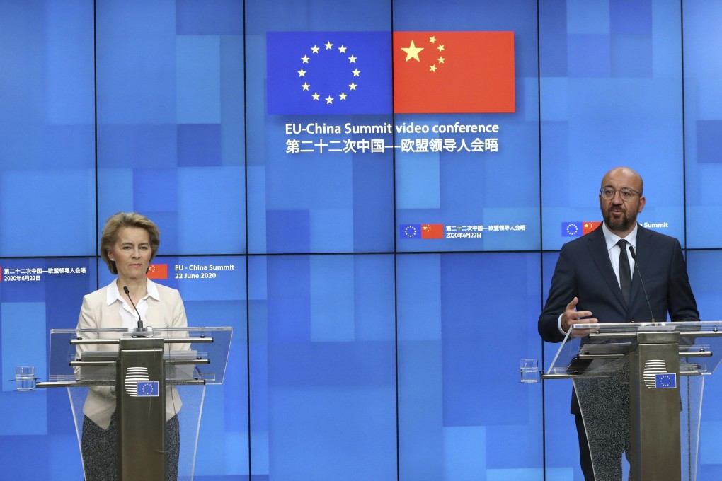 European Commission president Ursula von der Leyen and European Council president Charles Michel at a media conference at the conclusion of an EU-China summit, in video conference format, at the European Council in Brussels, on June 22, 2020. Photo: AP