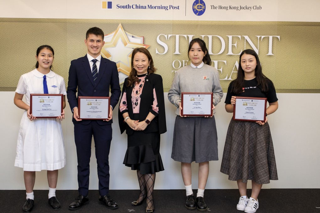 (From left) Student of the Year Awards winners Chloe Yeung, Raymond Yeung, Mary To, and Chan Tsz-kiu along with Judge Irene Chan (centre), head of public affairs at the Hong Kong Jockey Club. Photo: Kwok Wing-hei