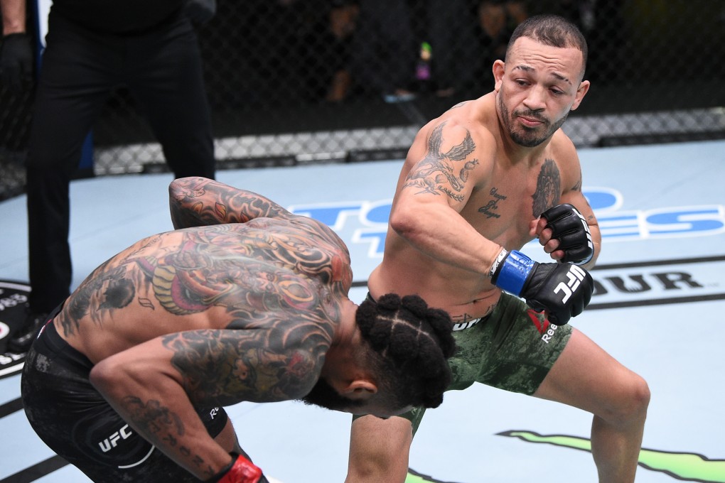 Irwin Rivera punches Andre Ewell in their bantamweight bout during the UFC Fight Night event in September 2020 in Las Vegas. Photo: Chris Unger/Zuffa LLC