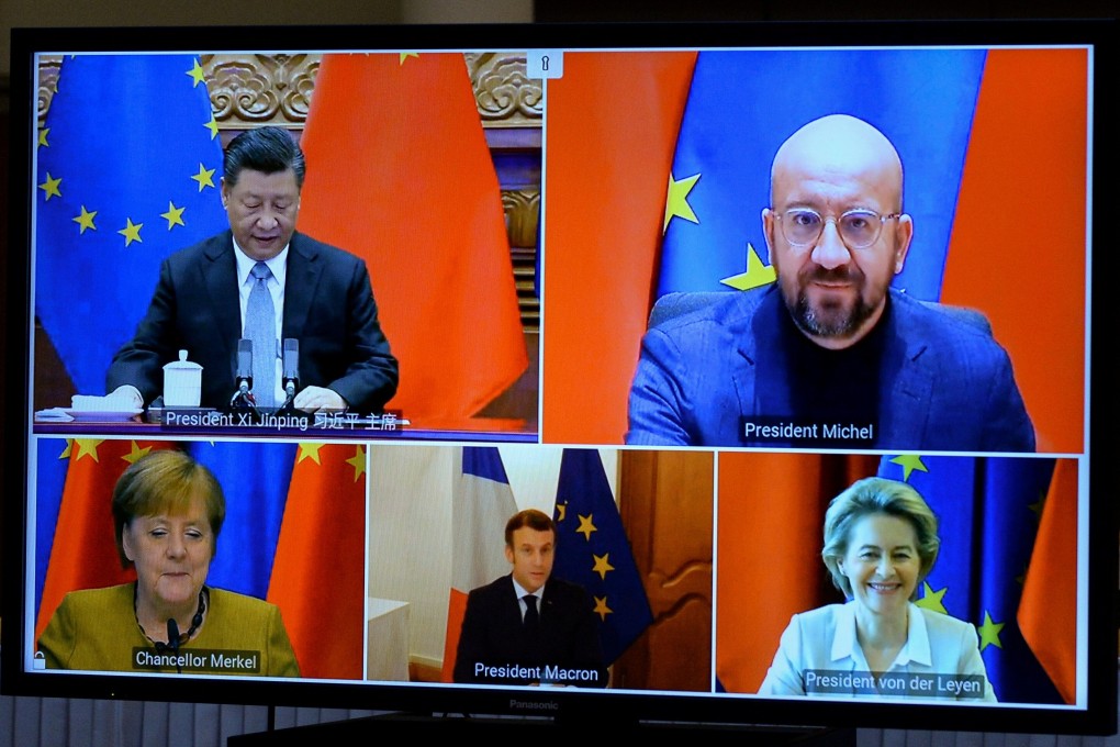 China and the EU reached in-principle agreement on an investment deal at a video conference call on December 30, attended by (from top left, clockwise) Chinese President Xi Jinping, European Council president Charles Michel, European Commission president Ursula von der Leyen, French President Emmanuel Macron and German Chancellor Angela Merkel. Photo: Reuters