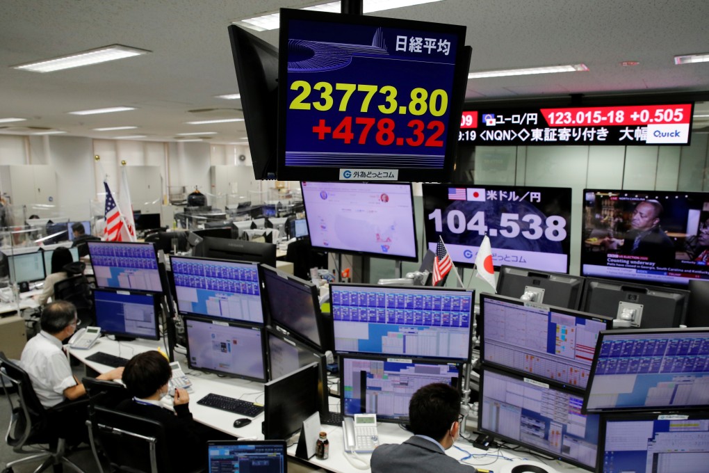The Nikkei stock index on display at a foreign exchange trading company in Tokyo on November 4, 2020. Photo: Reuters
