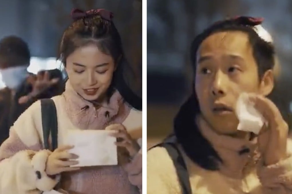 Stills from a Purcotton video ad showing a woman pursued by a masked man using a make-up removal wipe to scare off her pursuer. The ad outraged Internet users who said it blamed female victims of sexual assault. The Chinese company apologised and withdrew it.