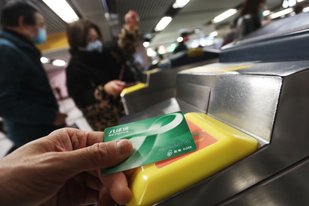 An elderly passenger using an Octopus card for seniors at Causeway Bay MTR station on Tuesday. Photo: Jonathan Wong