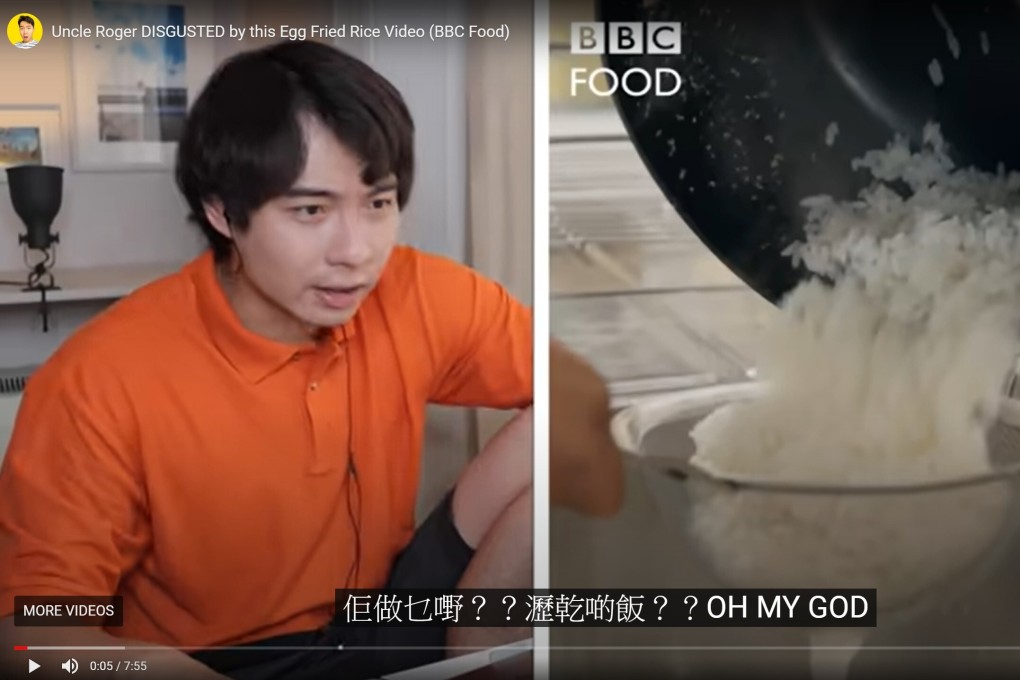 A screenshot of Uncle Roger, the alter ego of Malaysian comedian Nigel Ng, despairing at BBC Food presenter Hersha Patel's rice cooking skills. Photo: YouTube