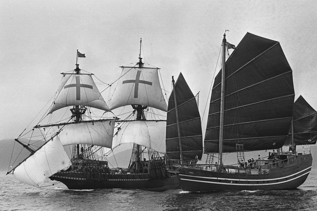 The Golden Hinde (left) and the Huan in Victoria Harbour on January 29, 1980. Photo: SCMP