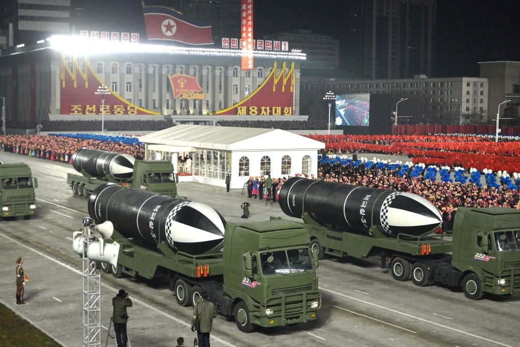 Missiles are displayed during a military parade to commemorate the 8th Congress of the Workers’ Party in Pyongyang on Thursday. Photo: KCNA via Reuters