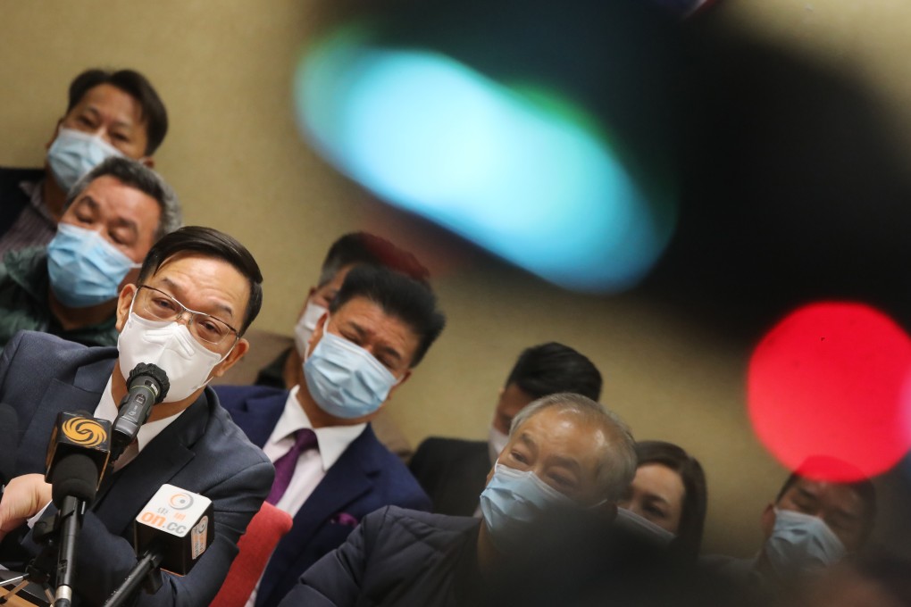 Kenneth Lau Ip-keung, left, chairman of Heung Yee Kuk, at a press conference on The Court of Appeal ruling restoring the full rights of male indigenous villagers to build their own homes, at Heung Yee Kuk’s Buildung, Sha Tin. Photo: SCMP / K. Y. Cheng