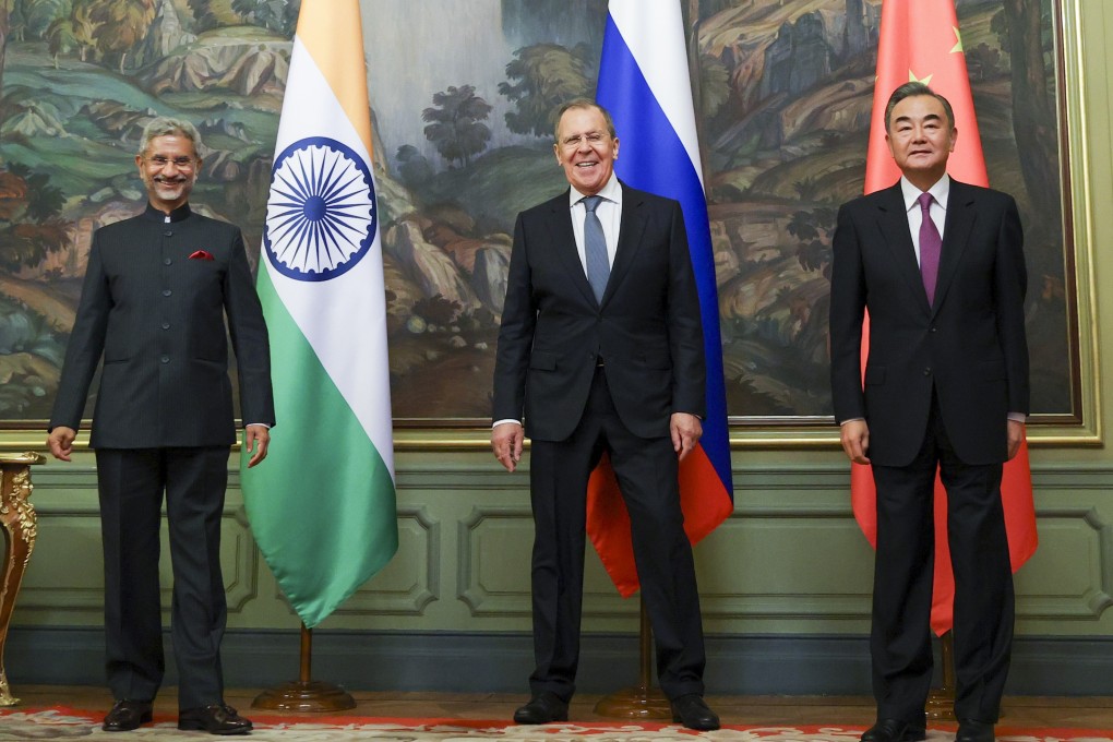 India’s Foreign Minister S. Jaishankar (from left), Russia’s Foreign Minister Sergey Lavrov and China’s Foreign Minister Wang Yi at a Shanghai Cooperation Organisation summit in Moscow on September 10. Photo: Russian Foreign Ministry Press Service via AP