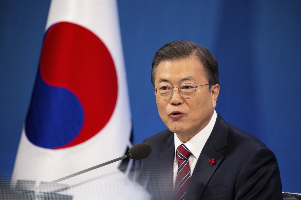 South Korean President Moon Jae-in speaks during an online press conference with local and foreign journalists at the Presidential Blue House in Seoul on Monday. Photo: AP