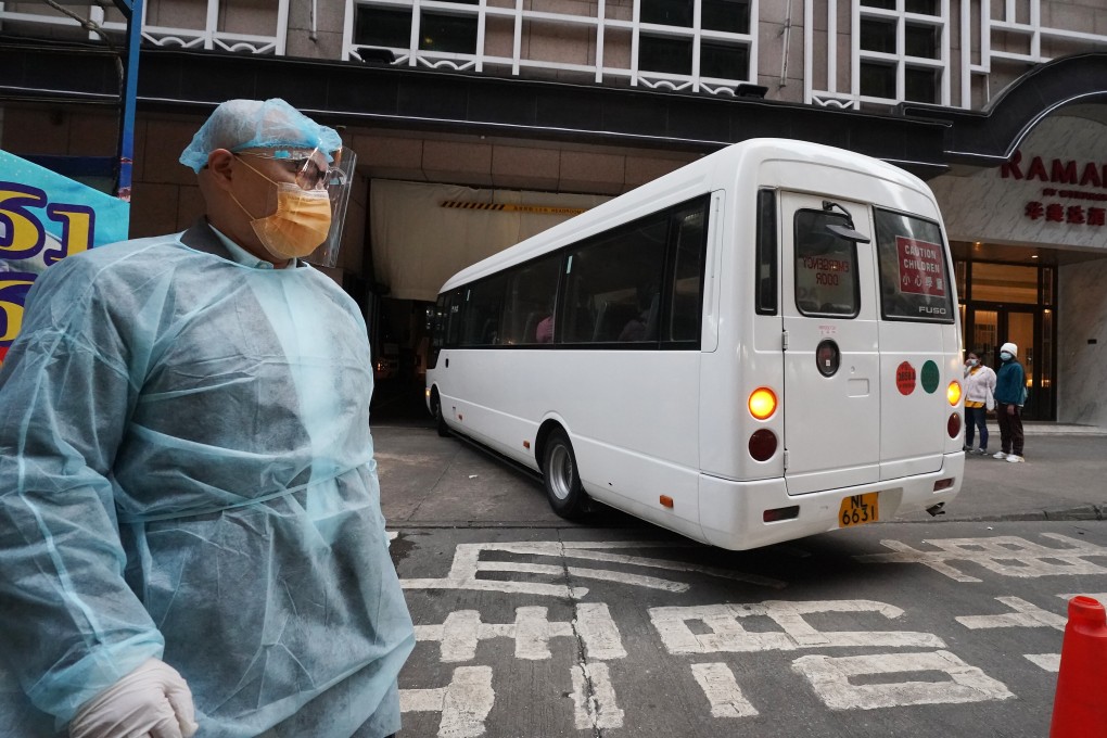 A group of travellers arrive at the Ramada Grand View in North Point, one of the city’s designated quarantine hotels. Photo: Felix Wong