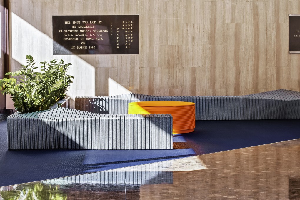 Howard Chung and Irene Cheng of HIR Studio’s benches made from salvaged plastic were inspired by the serpentine form of Sha Tin’s Shing Mun River, from which they took the plastic waste for upcycling.