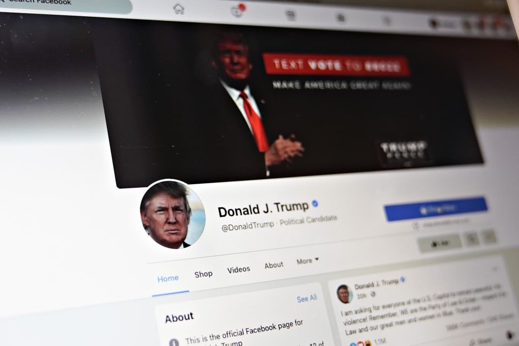 The now-suspended Facebook account for US President Donald Trump as seen on a laptop on January 7. Photo: Bloomberg
