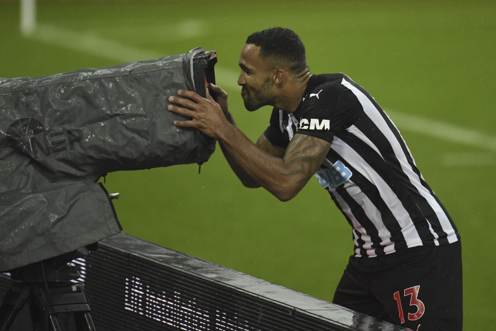 Callum Wilson, of Newcastle United, kisses the television camera after scoring in his side’s 3-1 win over Burnley in the English Premier League in October 2020. Photo: EPA