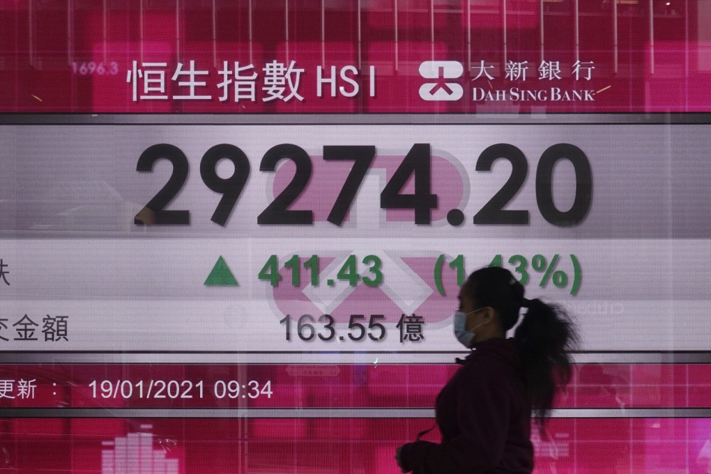 A woman walks past a bank's electronic board showing the Hang Seng Index at Hong Kong Stock Exchange in Central, Hong Kong on January 19, 2021. Photo: AP