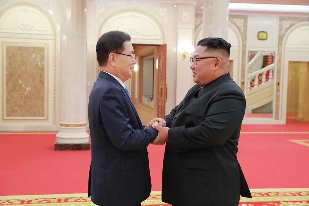 Chung Eui-yong (left), South Korea’s new foreign minister, meets North Korean leader Kim Jong-un in Pyongyang in 2018. Photo: Xinhua