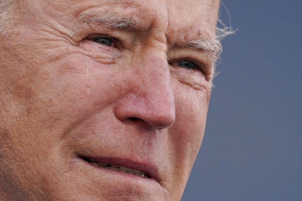 President-elect Joe Biden tears up as he speaks at the Major Joseph ‘Beau’ Biden III National Guard/Reserve Centre on Tuesday. Photo: AP