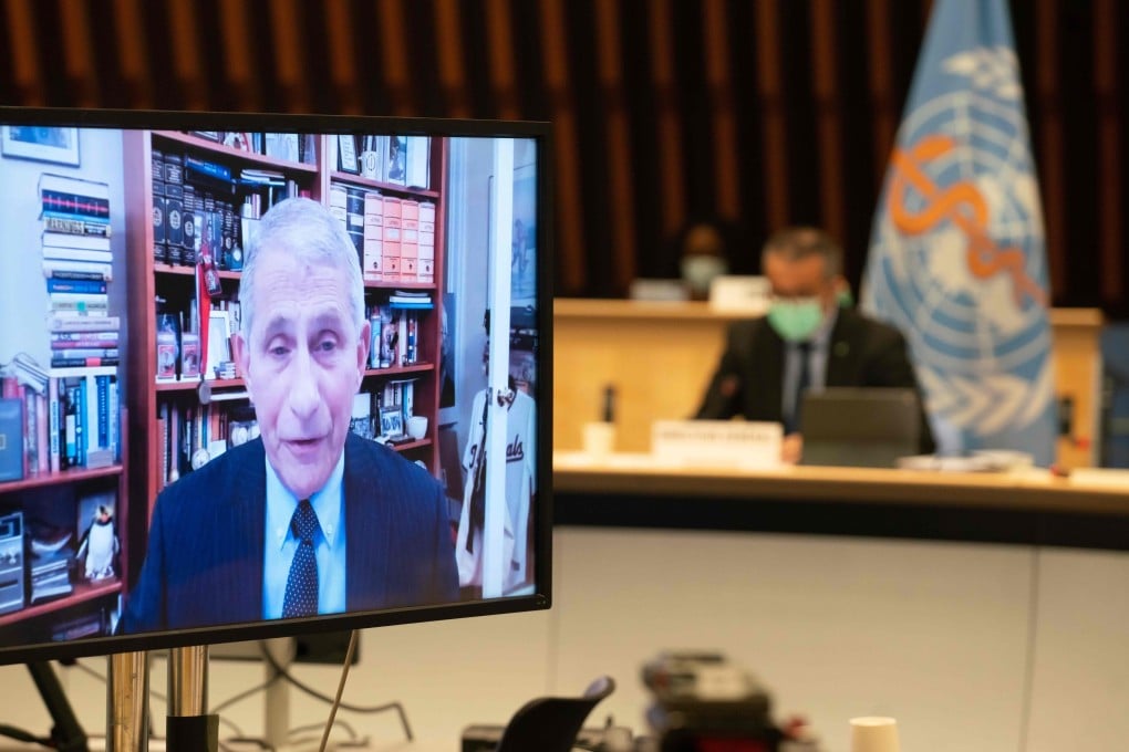 Anthony Fauci, US President Joe Biden’s medical adviser, speaks remotely during a World Health Organization executive board meeting on Thursday. Photo: AFP