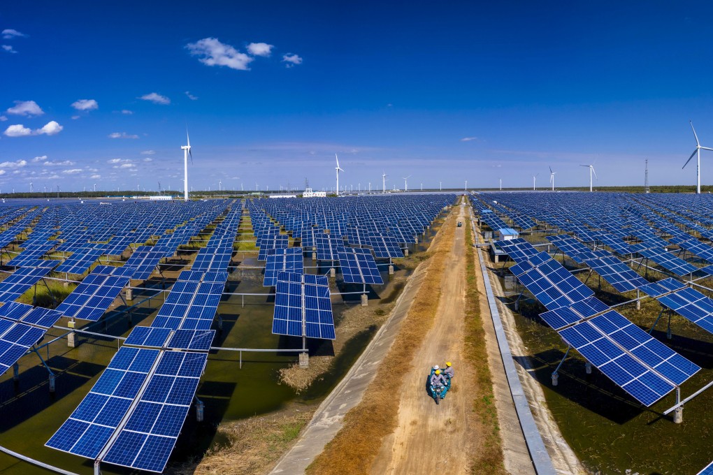 An aerial shot of a solar and windpower farm in Dongtai near Yancheng in Jiangsu province. China expanded its renewable-energy capacity in 2020 while increasing its thermal plants at the same time. Photo: EPA-EFE