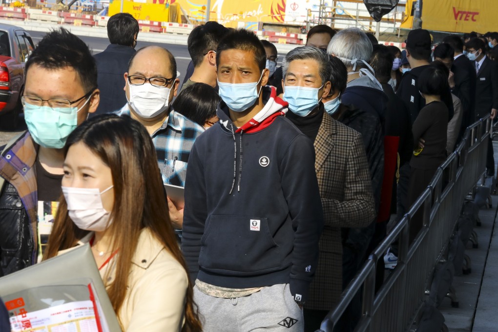 Buyers queuing for Nan Fung Group's LP10 (Lohas Park 10) flats at the developer’s sales office at Harbourside in Kowloon Bay on January 23, 2021. Photo: Dickson Lee