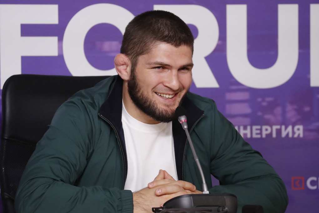 Khabib Nurmagomedov at a press conference in 2019. Photo: EPA