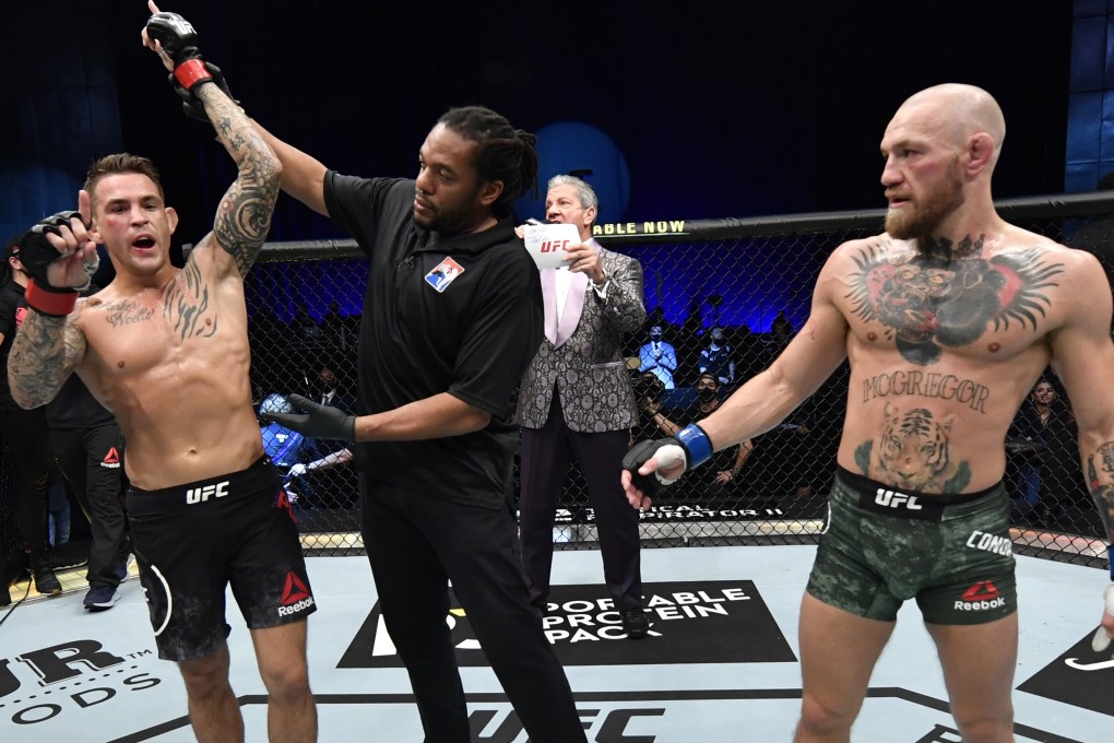 Dustin Poirier celebrates after his knockout victory over Conor McGregor at UFC 257. Photo: Jeff Bottari/Zuffa LLC