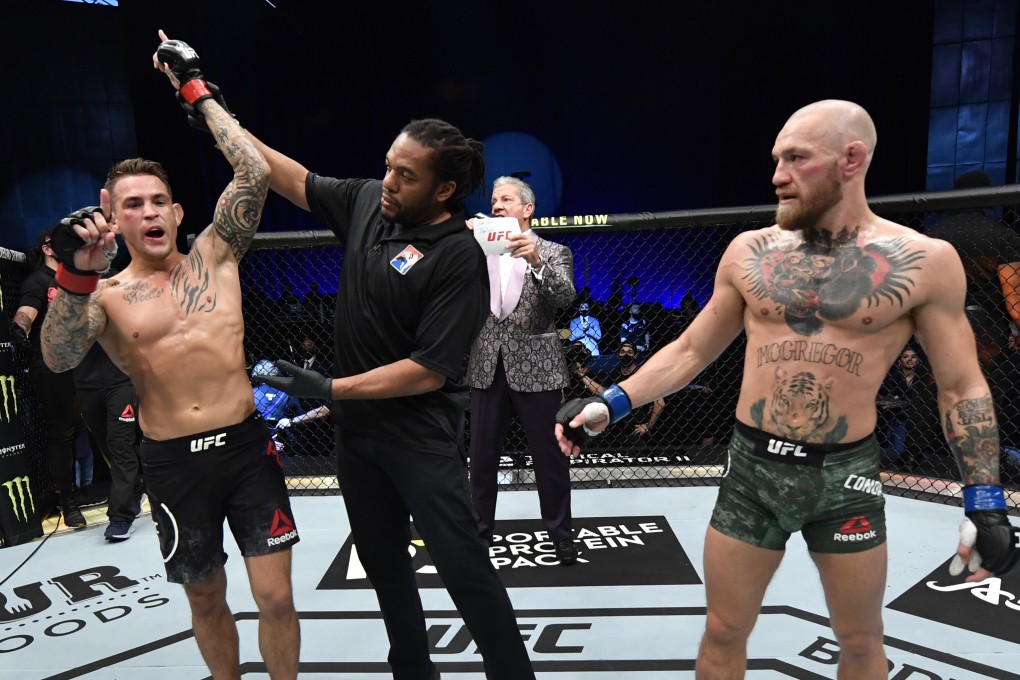Dustin Poirier reacts after his knockout victory over Conor McGregor at UFC 257. Photo: Jeff Bottari/Zuffa LLC