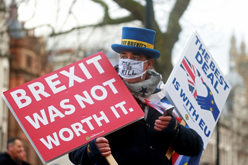 An anti-Brexit protester outside the gates of Downing Street in London in December. Photo: Reuters
