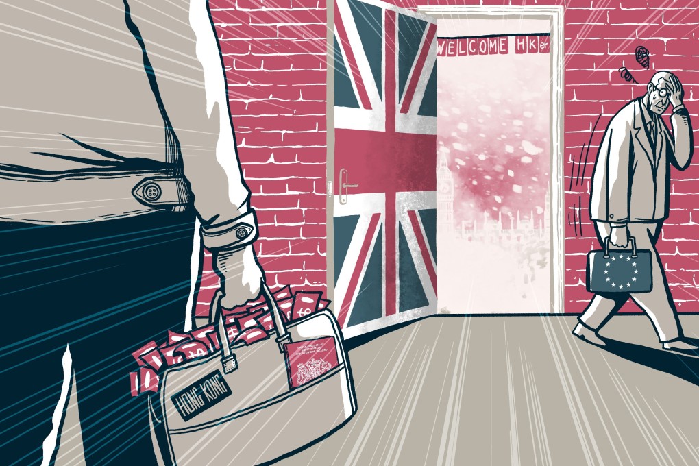 Analysts say the battered British economy will receive a welcome boost from the arrival of a significant number of educated or rich Hongkongers. Illustration: Lau Ka-kuen